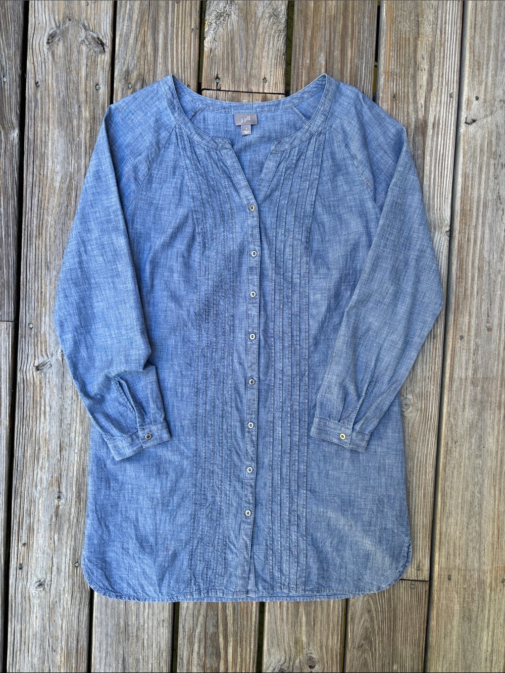 J JILL | Denim Blue Pintuck Boho Coastal Preppy Beach Shift Midi Dress | Size S